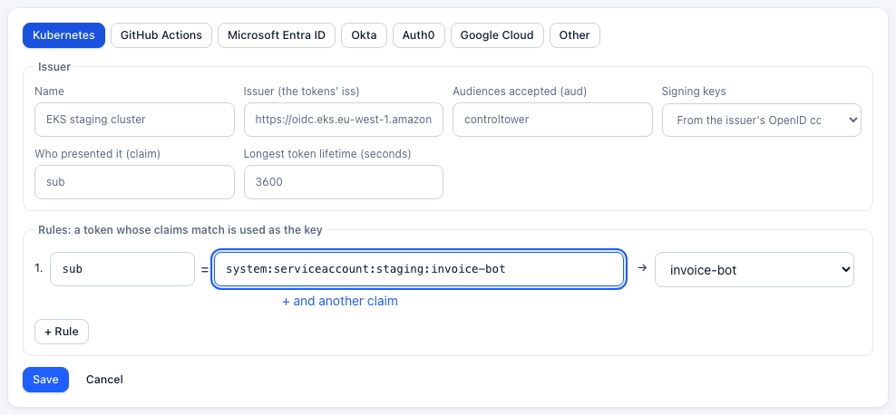 Adding a Kubernetes cluster as a token issuer