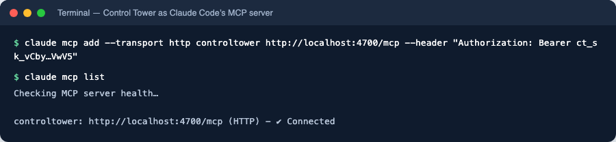 Claude Code connected to Control Tower's MCP endpoint