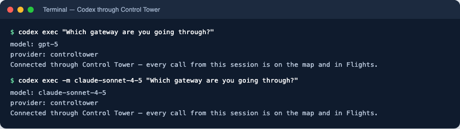 Codex answering through Control Tower, on a GPT and a Claude model