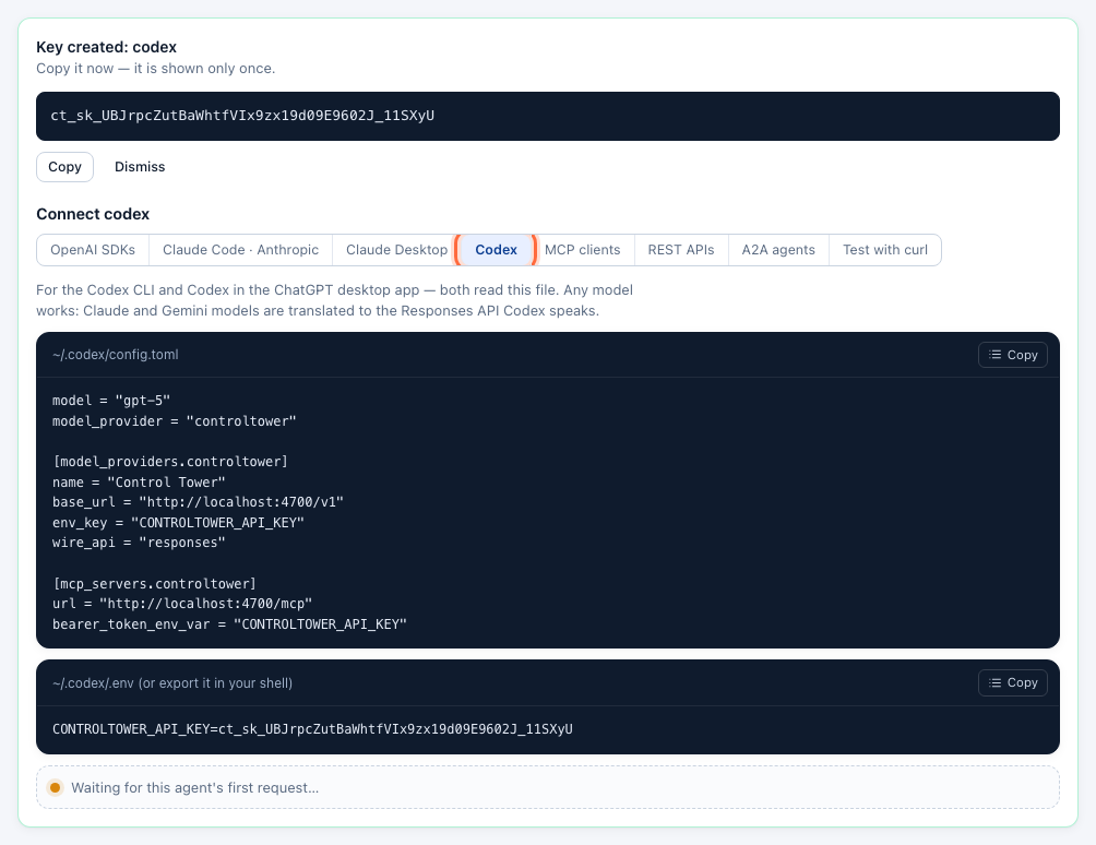The Connect panel's Codex tab