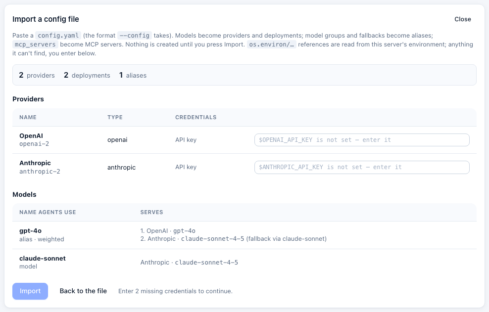 Importing a config file: providers, models and fallbacks