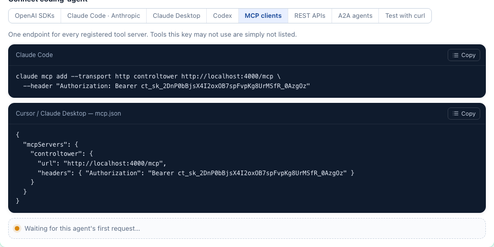 The connect panel's MCP tab