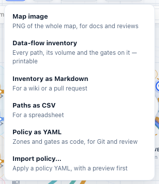 Export: map image, inventory, and policy as YAML