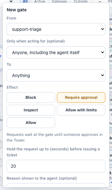 The gate composer: support-triage → Salesforce → search_contacts, require approval