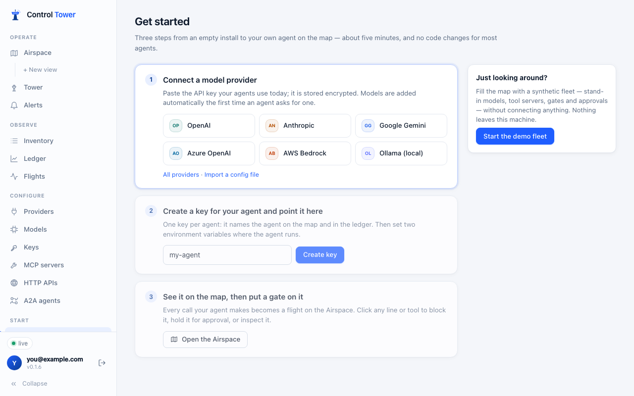Get started: connect a provider, create a key, see it on the map
