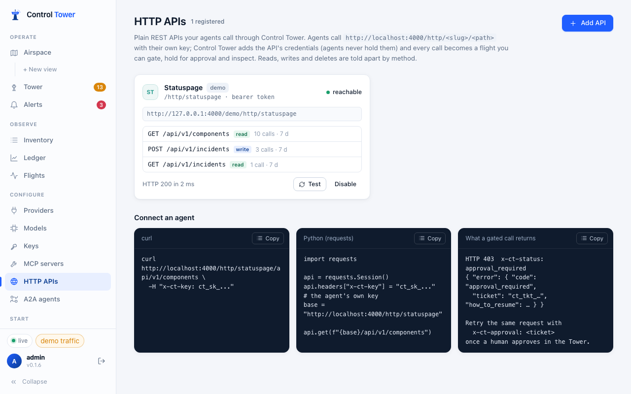 A registered HTTP API with its routes and connect snippets