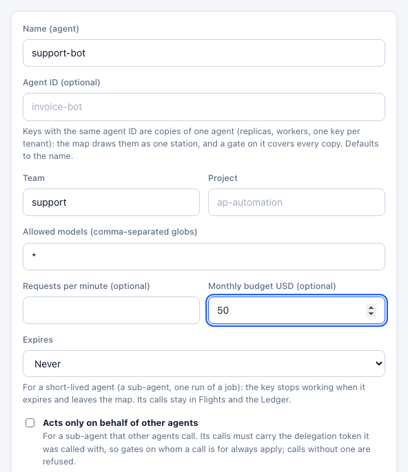 Creating a key with a team and a monthly budget
