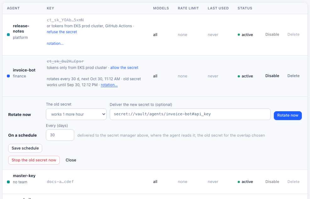 Rotation for invoice-bot: every 30 days, delivered to Vault; the old secret works for another hour