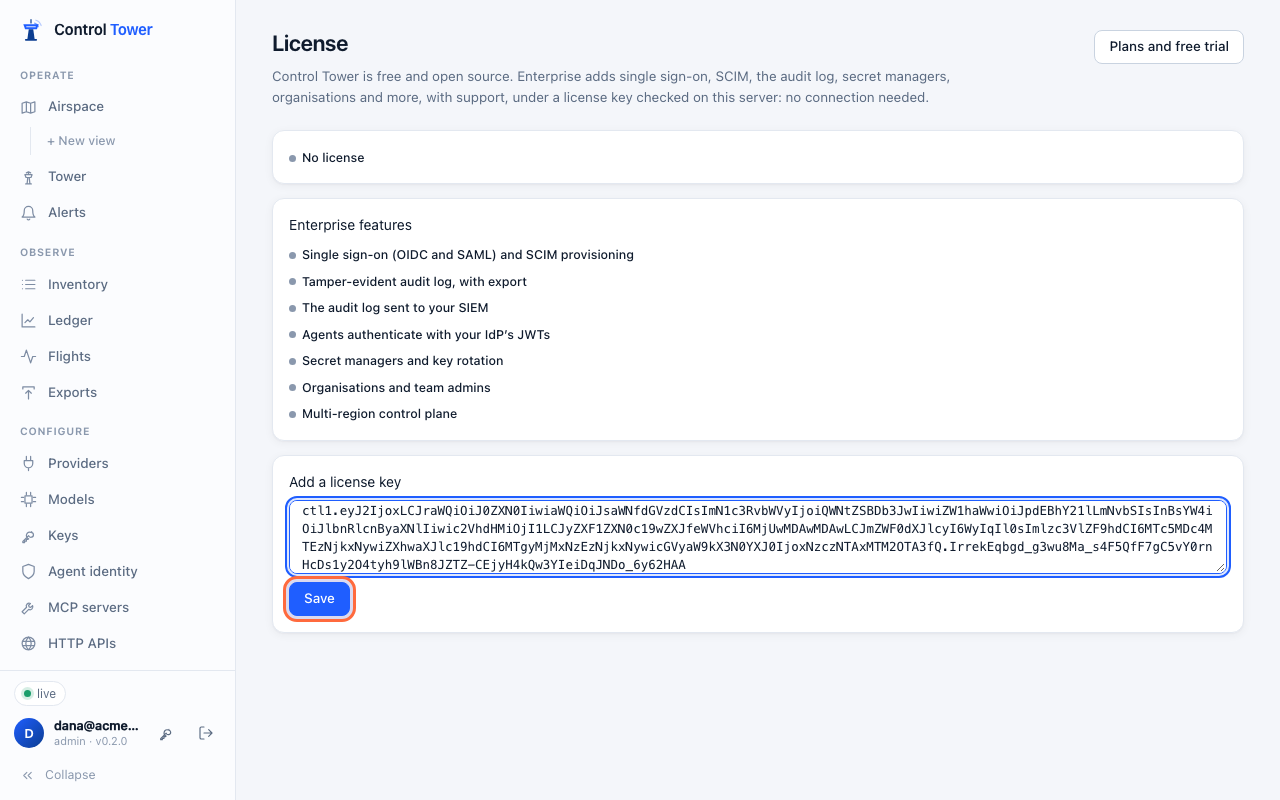 Adding a license key