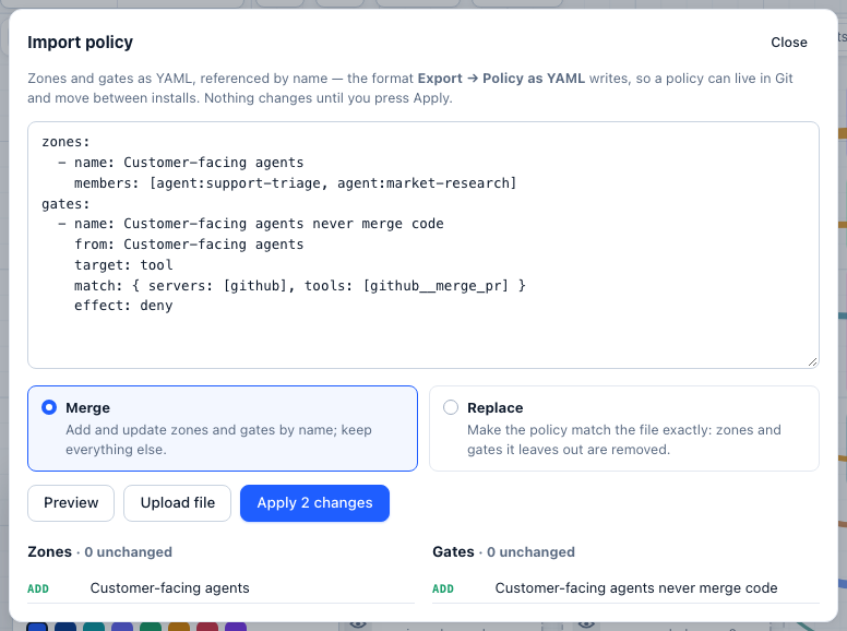 Importing a policy: a preview of every change before it is applied