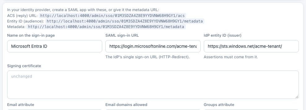 A SAML provider's settings, with the ACS URL, entity ID and metadata URL to give the IdP