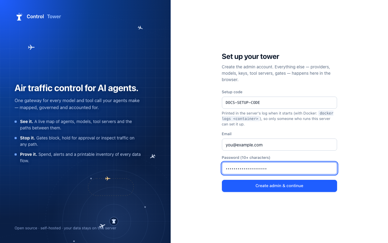 The first-run screen: set up your tower