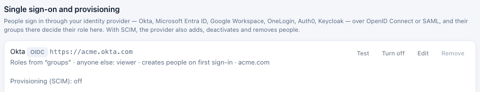 Identity providers on the People page: an OIDC provider, and a SAML provider with provisioning on